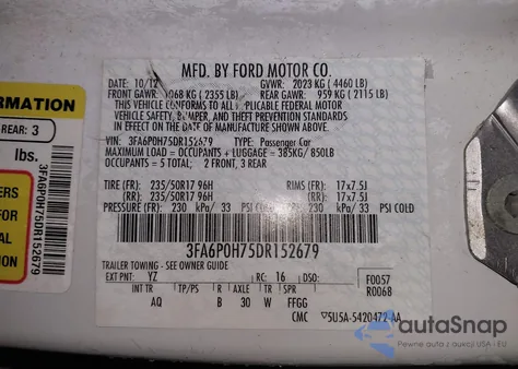 2013 Ford Fusion Se from USA, damaged, VIN 3FA6P0H75DR152679